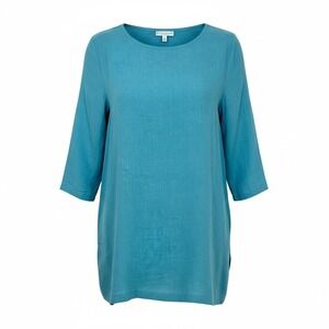 Bryn‎ Walker Linen Tunic Dress Blue 3/4 Sleeve Made in USA M Lagenlook Boho